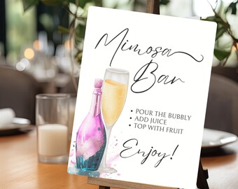 Mimosa Bar Sign: Pink Champagne Bottle, Bridal Shower Decor (Printable)
