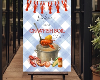 Plantilla de letrero de bienvenida para fiesta de cangrejos de río: Fiesta de mariscos a cuadros azules (descarga digital), letrero de fiesta de cangrejos de río de Low Country, tablero de bienvenida editable para fiesta de mariscos.