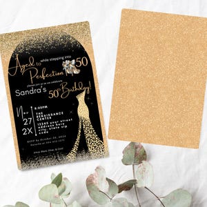 May include: A black and gold invitation card with glitter accents. The text reads "Aged to Perfection 50" and "Sandra's 50th Birthday!" with a gold dress silhouette. The invitation includes details for a party at The Renaissance Centre on 27th November at 8:00 PM.