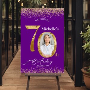 Purple 70th Birthday Photo Welcome Sign Template, Purple & Gold 70th Party Welcome Poster, 70th Birthday Picture Sign in Purple and Gold