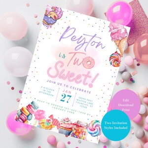 Invito modificabile per il secondo compleanno con due dolci, invito con ciambelle e caramelle per bambini di 2 anni, invito per il compleanno con due dolci caramelle,
