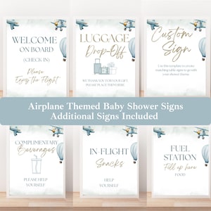 Airplane Baby Shower Table Signs, Hot Air Balloon Travel Baby Shower Signs, The Adventure Awaits Blue Printable Shower Table Signs