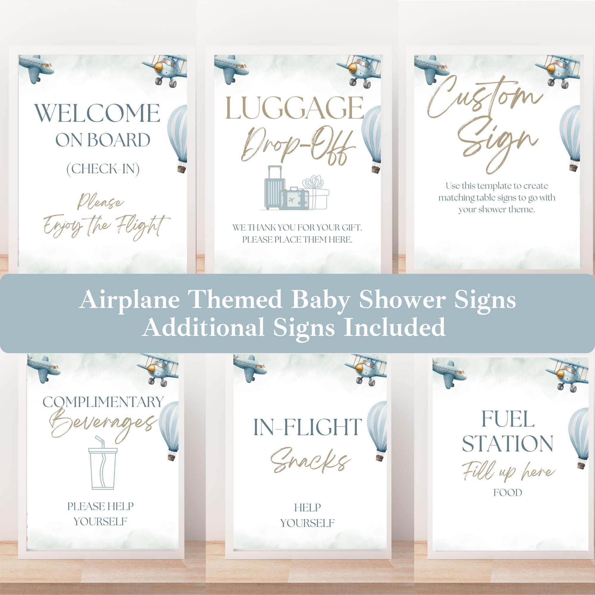 Airplane Baby Shower Table Signs, Hot Air Balloon Travel Baby Shower Signs, The Adventure Awaits Blue Printable Shower Table Signs