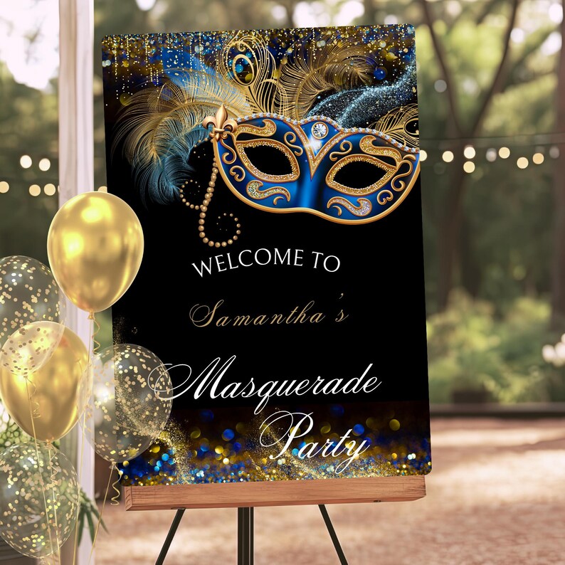 Masquerade Party Welcome Sign: Black, Blue & Gold (canva Template ...