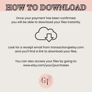 May include: A pink and white graphic with the text "HOW TO DOWNLOAD" in black. The graphic explains how to download digital files after purchase on Etsy. It includes a cloud icon with a downward arrow, the email address transaction@etsy.com, and the website address www.etsy.com/your/purchases.
