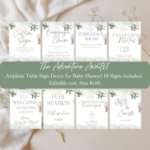 May include: Airplane-themed baby shower table sign decor. The set includes ten signs with phrases like "Custom Sign," "Baggage Claim," and "Fuel Station." Each sign features watercolor airplanes, clouds, and hot air balloons. The signs are 8x10 inches.