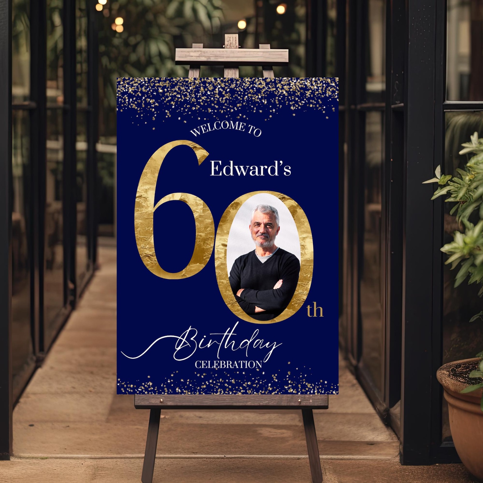 Blue 60th Birthday Photo Welcome Sign Template, Navy & Gold 60th Party ...