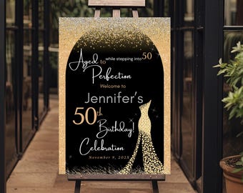 50th Birthday Welcome Sign: Black & Gold Dress, Diamonds (Digital Download)