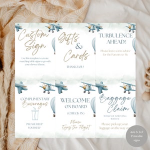 Cartelli da tavolo per baby shower personalizzati a forma di aereo, cartelli da tavolo per baby shower stampabili per viaggi aerei, cartelli da tavolo per baby shower blu "The Adventure Awaits"