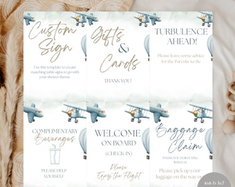 Custom Airplane Baby Shower Table Signs, Printable Air Travel Baby Shower Signs, The Adventure Awaits Blue Baby Shower Table Signs
