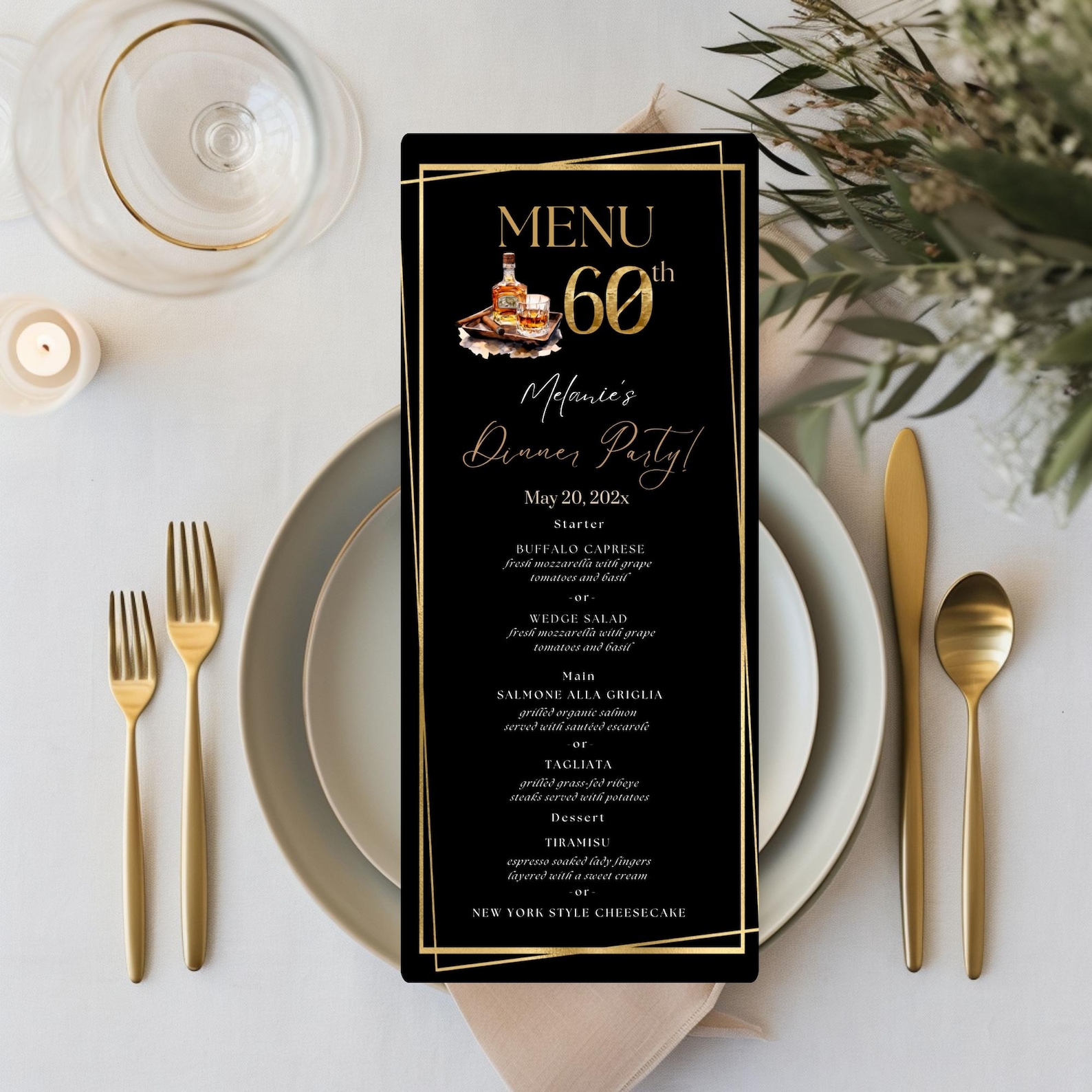 60th Cigar & Bourbon Dinner Menu Template, Black and Gold 60th Birthday ...