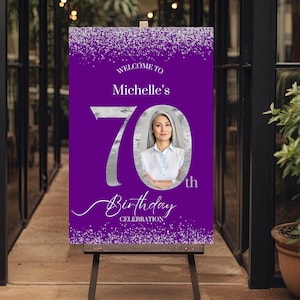 Purple 70th Birthday Photo Welcome Sign Template, Purple & Silver 70th Party Poster, 70th Birthday Picture Sign in Purple and Silver