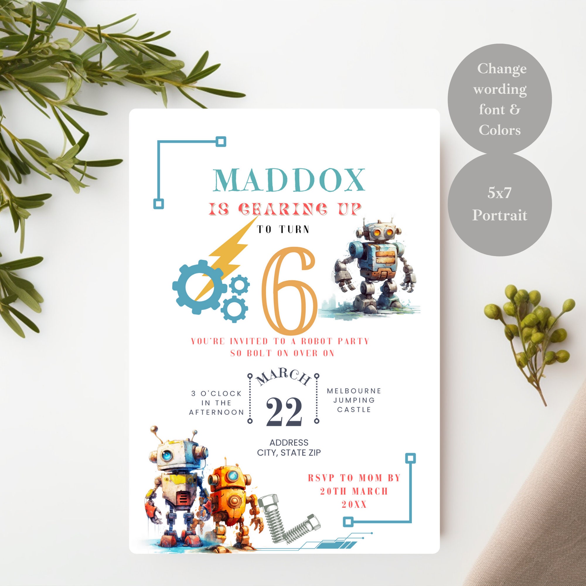 Robot Birthday Invitation, Vintage Robot Template, Bolt-on Over Robot Invite, Printable Science ...