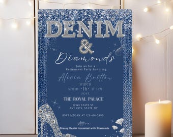 Convite de Aniversário Jeans e Diamantes, Convite de Aniversário com Estampa de Calça Jeans Azul (Download Digital), Convite Jeans e Diamantes