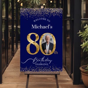 Custom 80th Birthday Welcome Sign with Picture, Blue & Gold Party Welcome Poster for 80th Birthday, Blue 80th Birthday Sign with Photo