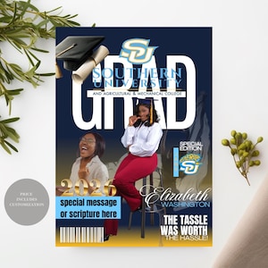 May include: A graduation announcement with a navy blue background features the word "GRAD" in large white letters. The announcement includes the Southern University logo, a photo of a graduate, and the text "2026" and "The Tassle Was Worth The Hassle!"