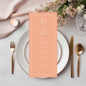 Pfirsich-Monogramm Hochzeitsmenükartenvorlage, elegantes Korallen-Hochzeitsfest-Abendmenü, benutzerdefiniertes druckbares Abendmenü mit Pfirsich-Orange