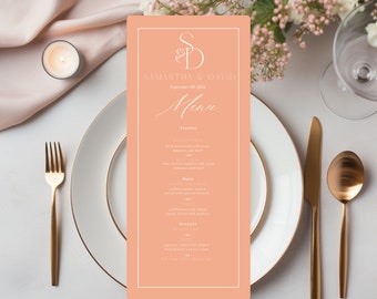 Plantilla de menú de boda con monograma melocotón: Menú de cena coral (descarga digital)