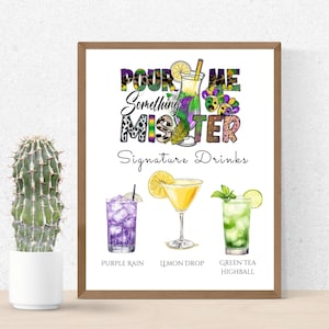 Modelo de menu de bebidas exclusivo para festa de Mardi Gras personalizável, menu de bebidas Pour Me Something Mister Mardi Gras, menu de bar de Mardi Gras para impressão,