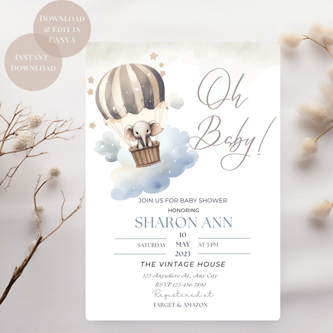 Elephant Baby Shower Invitation Template Editable Blue and - Etsy