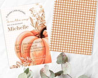 May include: A baby shower invitation with a pumpkin illustration. The invitation features the text "A Sweet Little Pumkin Is on the way!" and "Michelle". The date and time are October 12 at 2 PM. The back of the invitation has a brown and white gingham pattern.