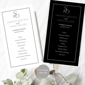 Puede incluir: Dos programas de ceremonia de boda, uno blanco y otro negro, con texto elegante. Los programas presentan los nombres de Samantha Hancock y David Sanchez, la fecha de la boda y el orden de la ceremonia. También está presente el texto "Two Styles, One File".