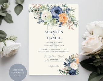 Modèle de faire-part de mariage floral bleu et corail (téléchargement numérique)