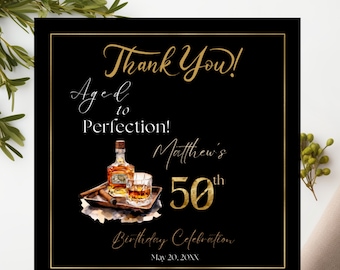 Editable 50th Cigar & Whiskey Thank You Stickers, 50th Thank You Favor Stickers, Aged to Perfection 50th Black and Gold Thank You Labels