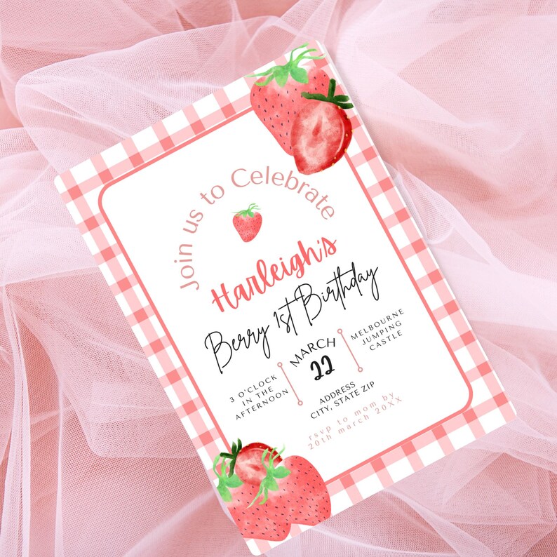 Berry First Birthday Invite, Gingham Strawberry 1st Birthday Invitation ...