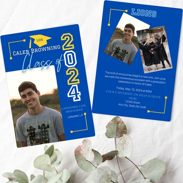 Cobalt Blue Yellow and White Grad Announcement, High School Graduation Invite, Two-sided Photo Grad Invitation, Editable School Colors