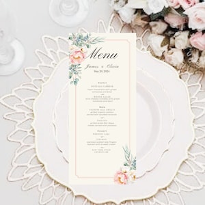 Grandmillenial Hochzeitsmenukarte mit rosa Blumen, individuelle Abendmenukarte mit rosa Pfingstrosen, elegantes Abendmenu mit blush Blumen,