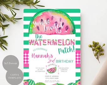 Watermelon Birthday Invitation: Hot Pink Gingham, Green Stripes (Canva Template), Watermelon Themed Birthday Invite, Pink and Green