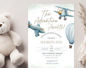 Hot Air Balloon Invitation Vintage Boy Baby Shower Invitation, The Adventure Awaits Blue Shower Invitation, Airplane Shower Invitation