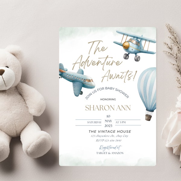 Hot Air Balloon Invitation Vintage Boy Baby Shower Invitation, The Adventure Awaits Blue Shower Invitation, Airplane Shower Invitation