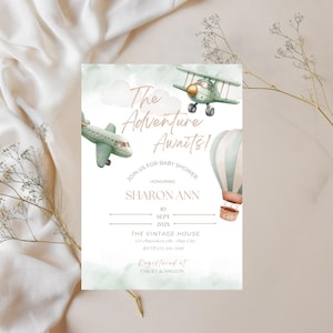 Inbjudan till babyshower med flygplan, salviagrön, äventyret väntar mintgrön duschinbjudan, digital nedladdning, babyshower med resetema