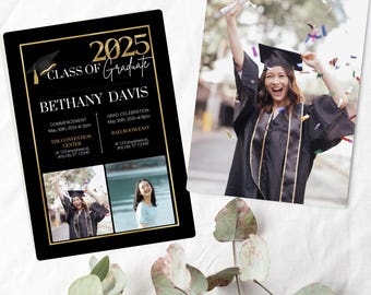 Könnte beinhalten: Schwarze und goldene Abschlussanzeige mit dem Text "2025 Class of Graduate Bethany Davis". Die Anzeige enthält die Daten und Uhrzeiten für die Abschlussfeier und die Abschlussfeier. Es gibt drei Fotos des Absolventen.