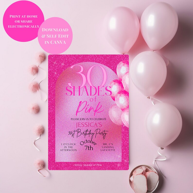 30shades of Pink Glitter 30th Birthday Invitation, Shades of Pink