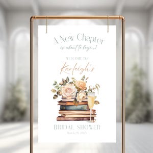Cartello di benvenuto per addio al nubilato &quot;Un nuovo capitolo&quot;, cartello per addio al nubilato a tema libro di fiabe vintage, poster per addio al nubilato a tema libro con fiori e bicchiere di vino