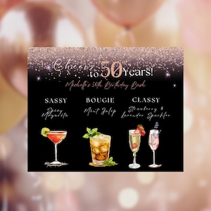 Ladies Shimmer (10x8) Signature Getränkekarte zum 50. Geburtstag, druckbare Schwarz- und Roségold-Getränkekarte, druckbare Prost auf 50 Jahre Getränkekarte