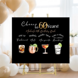 Menu de bebidas editável para 60 anos envelhecidos até a perfeição, placa de menu de bebidas preta e dourada, placa de bebidas exclusiva para 60 anos, menu de bar de aniversário para festa de 60 anos,
