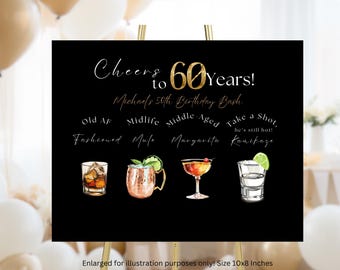 Editable 60th Birthday Drink Menu: Black & Gold Bar Sign (10x8, Canva Template)