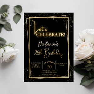 Plantilla de invitación de cumpleaños en negro y dorado, invitación de celebración de cumpleaños elegante en negro y dorado editable por edad, invitación imprimible para evento de gala