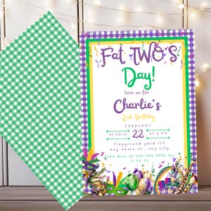 Custom Mardi Gras Birthday Template for 2-year-old, Fat Tuesday Birthday Invitation, Krew de Two Mardi Gras Theme Birthday Invite, Age 2
