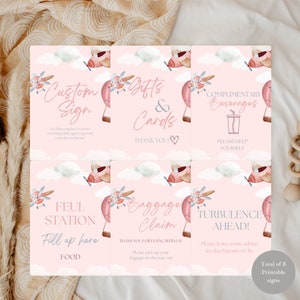 Plantillas de letreros personalizados para baby shower con diseño de avión de niña rosa de 5 x 7, letreros para baby shower con diseño de viaje en avión de niña, letreros para mesa de baby shower con diseño de viaje por el mundo rosa