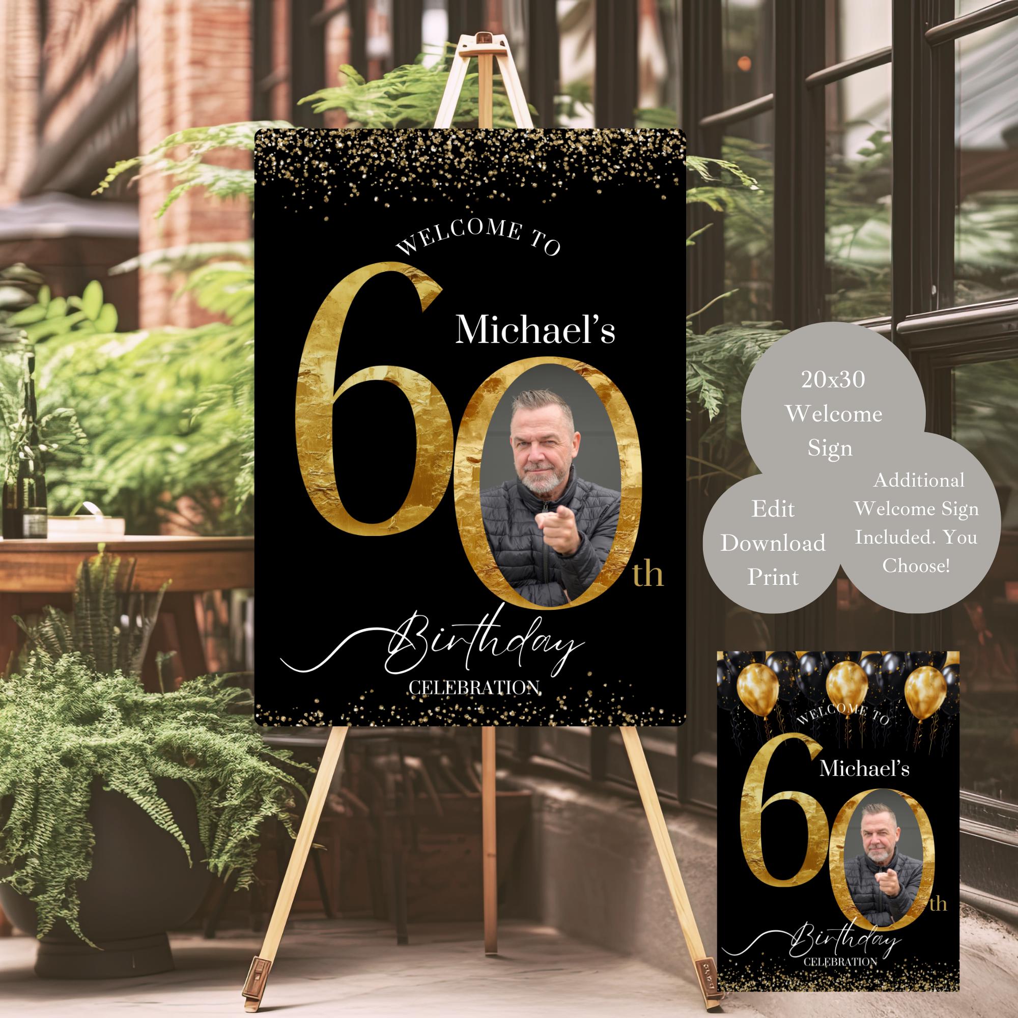 60th Birthday Photo Welcome Sign, Black & Gold Party Welcome Poster ...
