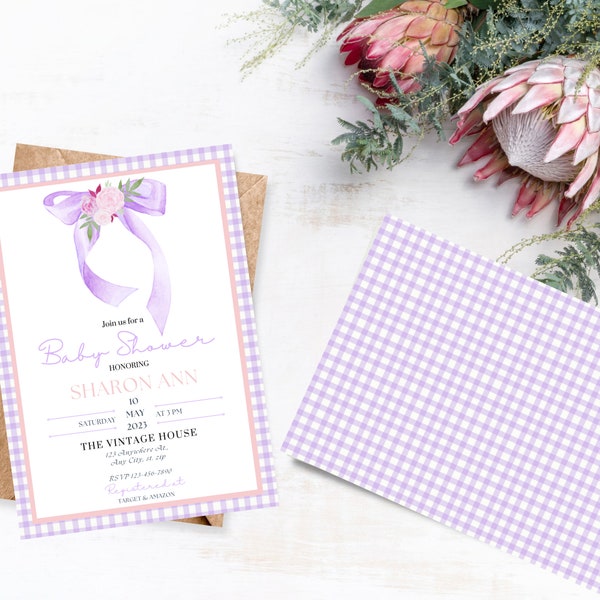 Purple Gingham Bow Design Baby Shower Invitation, Classic Lavender Bow Floral Baby Shower, Purple Plaid and Pink Shower DIY Invite