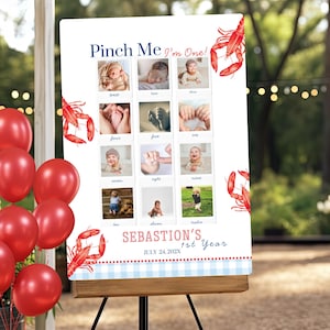 Cartello con foto "Pinch Me I'm One Crawfish", bacheca personalizzata per il compleanno a tema gamberi, cartello Mudbug con foto per il traguardo di 12 mesi