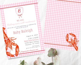 May include: Pink and white gingham baby shower invitations with a red border and a watercolor crawfish illustration. The invitation includes the text "Baby Baleigh" and event details.