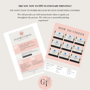 May include: A pink and white printable stationery design guide with instructions on how to access, edit, and print the design. The guide includes a list of how-to videos with titles like "How to change the background and grid" and "How to add your own text".