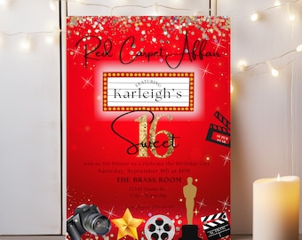 May include: Red and gold invitation for a 16th birthday party with a red carpet theme. The invitation features a movie marquee with the text "Karleigh's Sweet 16" and a red background with gold glitter. The invitation also includes a camera, a star, a film reel, and an Oscar statue.